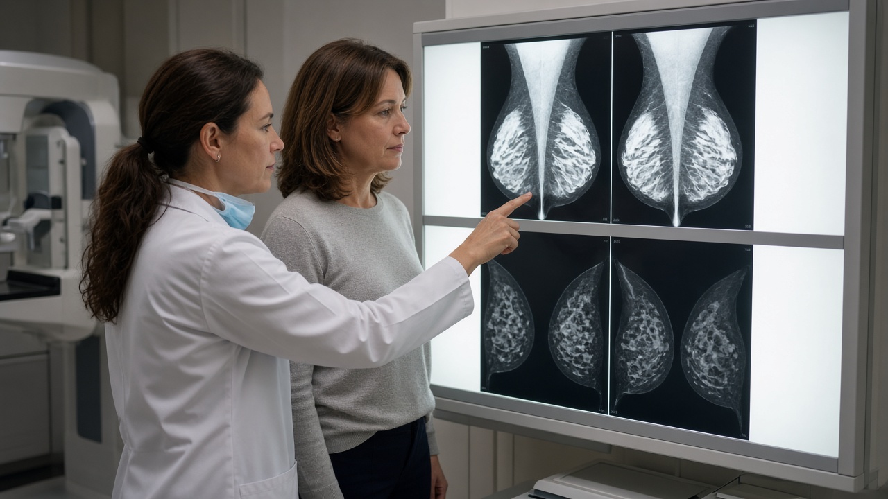 Surgeon and patient reviewing mammograms while discussing whether conservation is possible