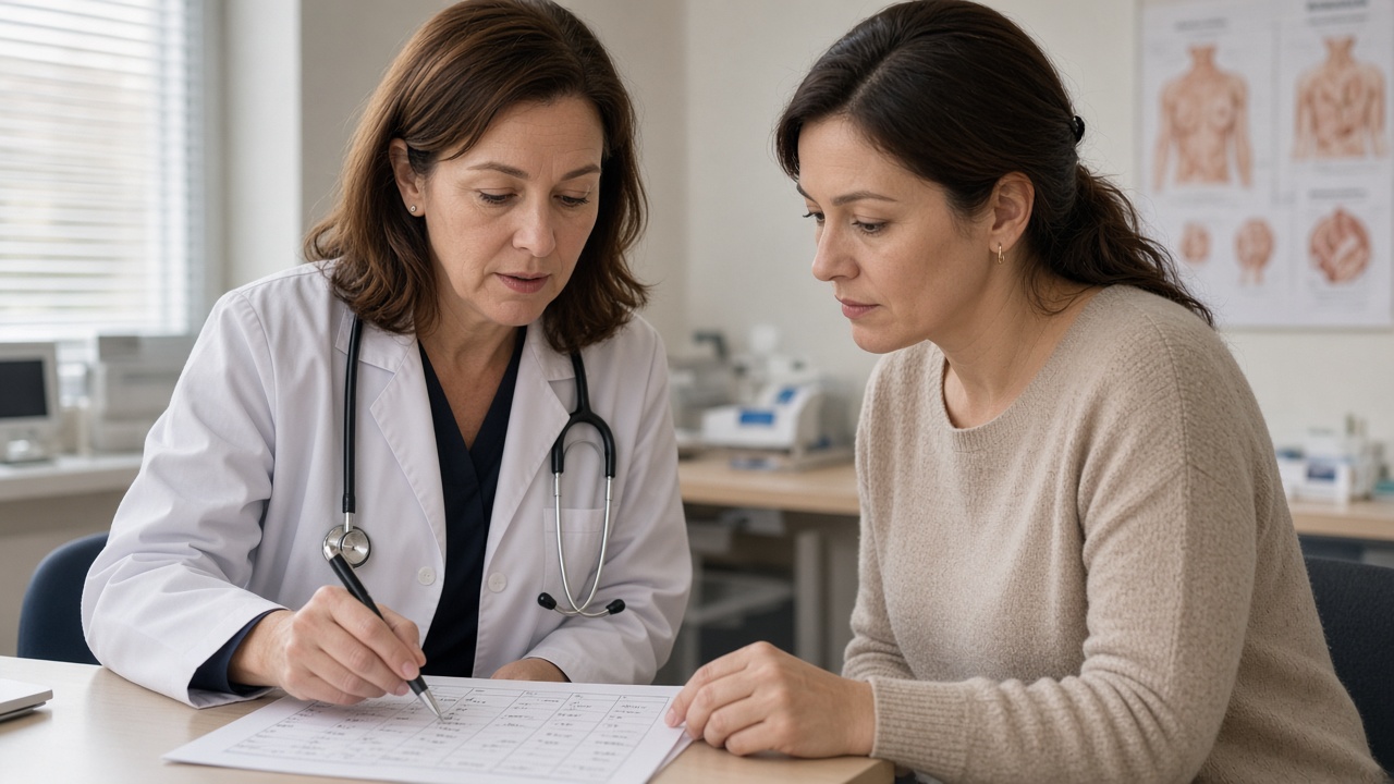 Radiation oncologist reviewing a session calendar with a patient after lumpectomy