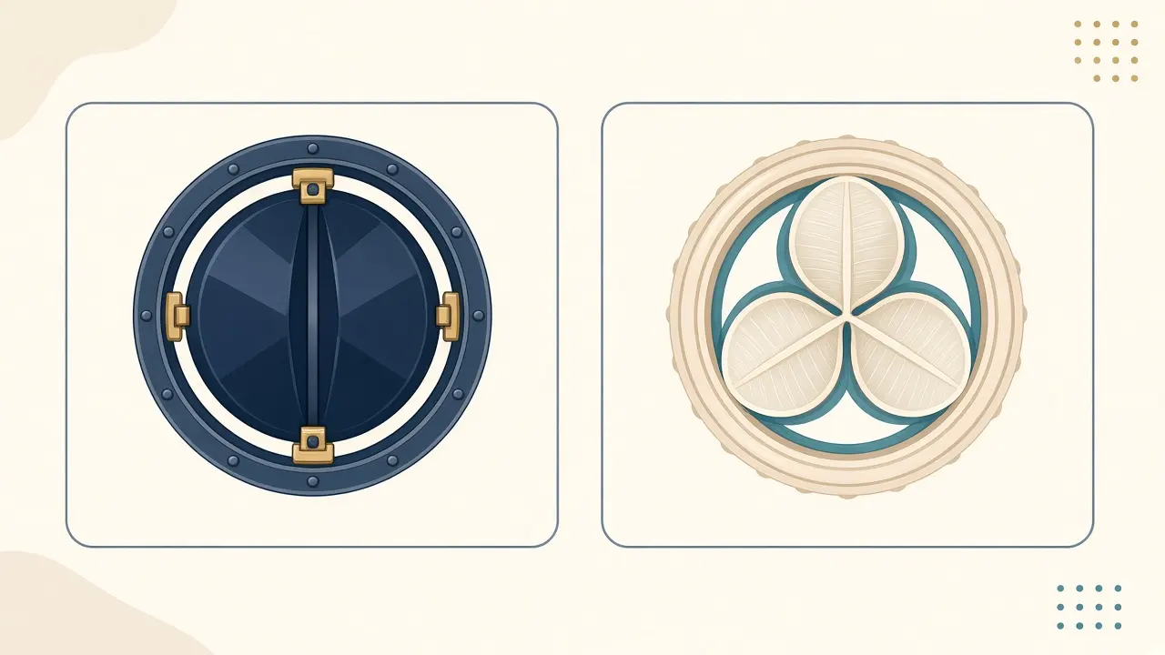 A mechanical bileaflet valve beside a tissue valve with three soft leaflets