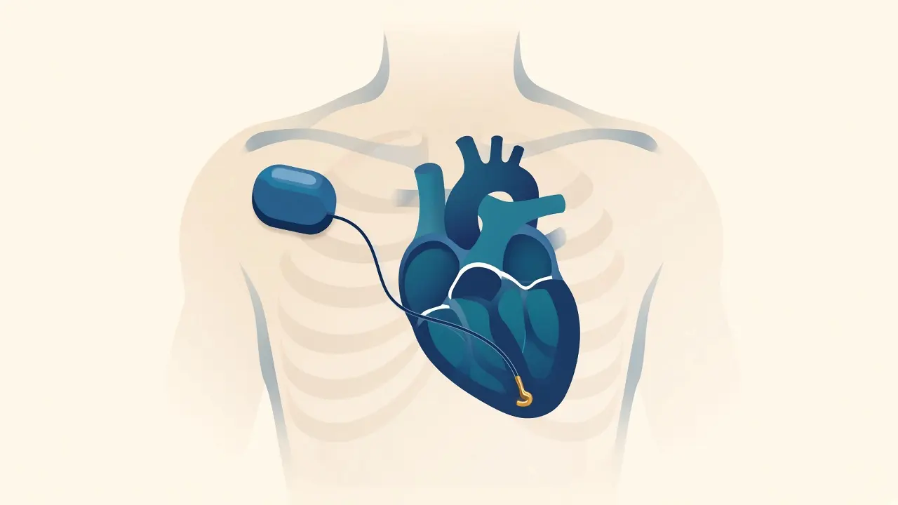 Simplified chest illustration of a pacemaker generator under the skin below the collarbone with one lead ending in the lower chamber of the heart