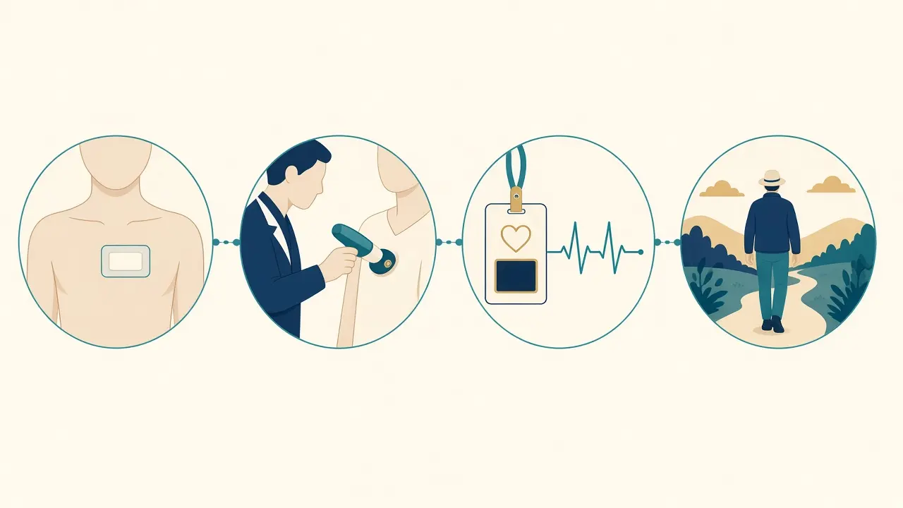 Four-step illustration of an upper-chest dressing, a device check with a programmer, an identification card and walking after recovery