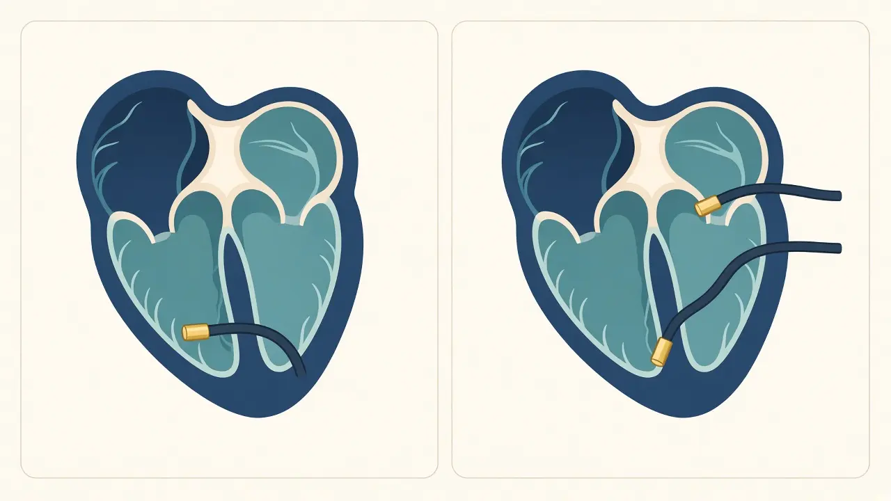 Two heart diagrams, one with a single lead in the lower chamber and one with leads in both the upper and lower chambers