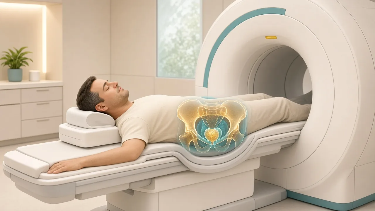 Male patient on an MRI couch with a gold pelvic overlay highlighting the prostate during surveillance imaging