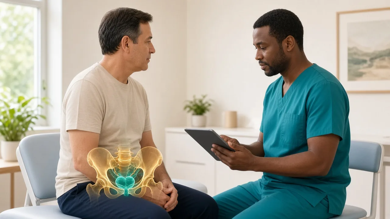 Male patient in clinic with a gold pelvic overlay while a clinician reviews PSA and biopsy results on a tablet