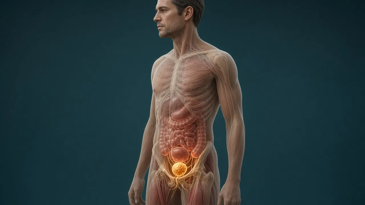 Transparent male body highlighting the prostate in the pelvis as the target for internal radiation