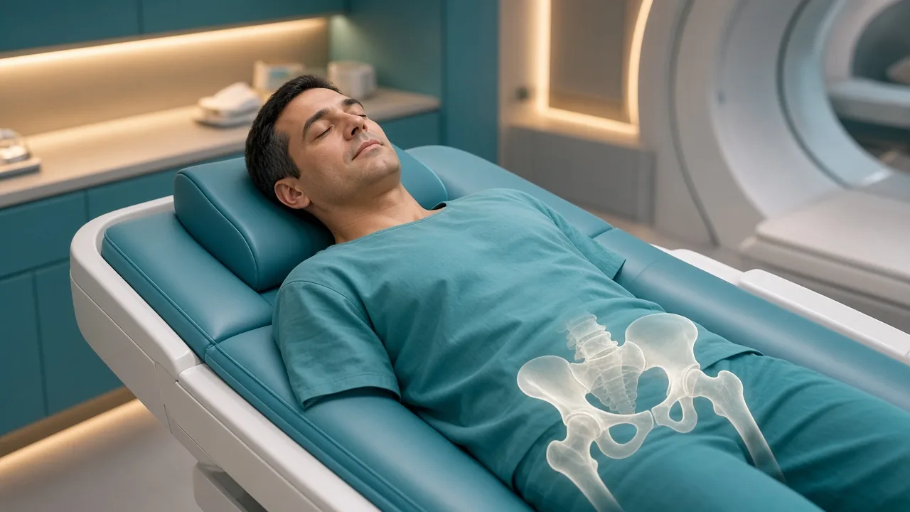 Male patient on a treatment couch with a pelvic-bone overlay used to explain temporary HDR catheter placement