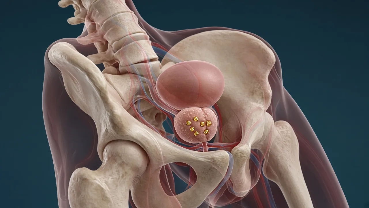 Male pelvis highlighting the prostate with tiny gold grains inside the gland to explain LDR seed brachytherapy
