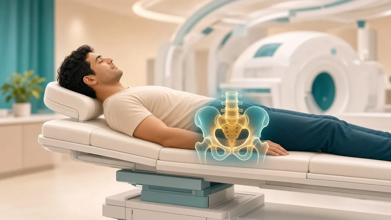 Male patient on a radiation couch with a gold pelvic-bone overlay showing the treatment target in the lower abdomen