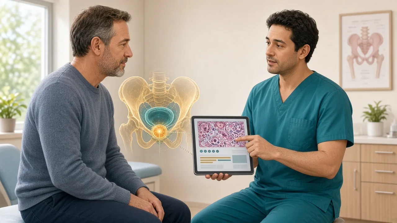 Male patient in clinic with a gold pelvic overlay while a clinician reviews biopsy pathology on a tablet