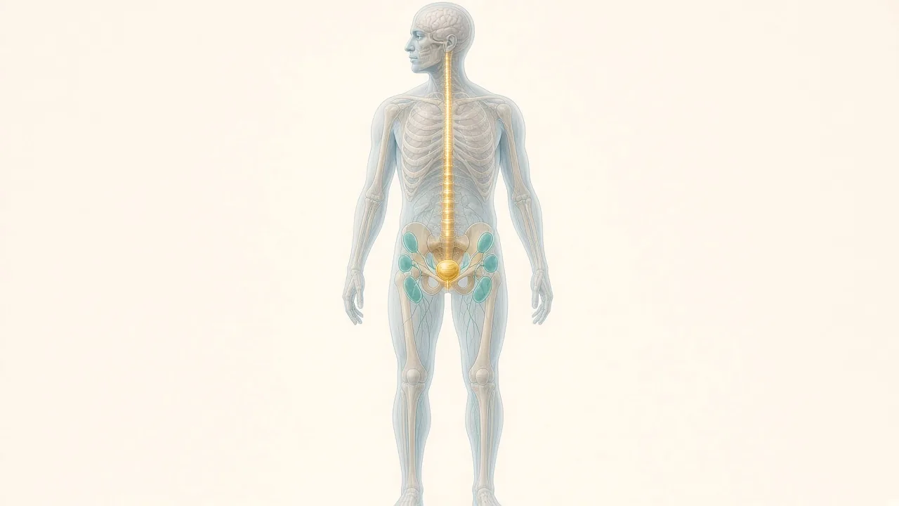 Transparent male figure with a gold prostate, teal pelvic nodes and a gold spine highlight used to explain staging versus grade
