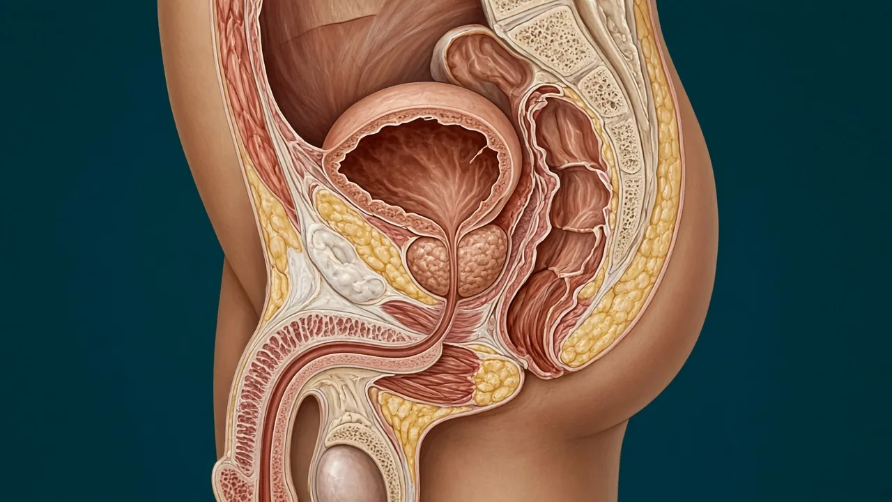 Sagittal male pelvis showing the bladder above the prostate, used to explain treatment that leaves the gland in place