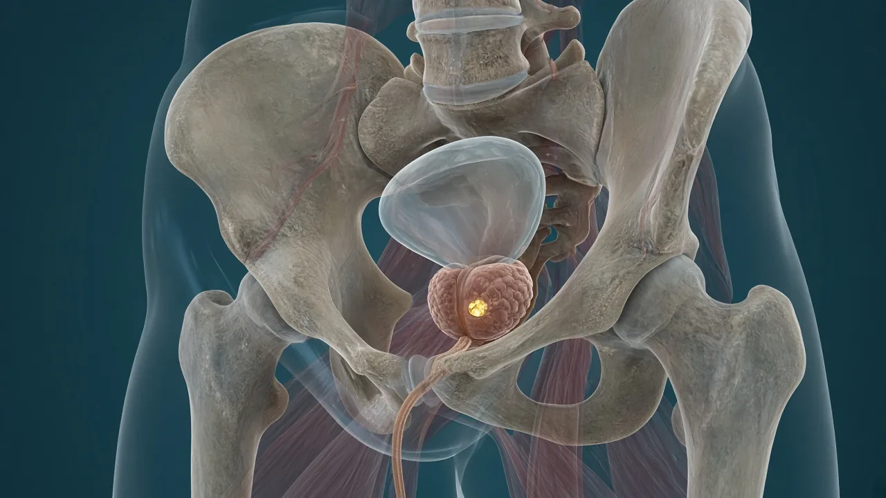 Male pelvis highlighting the prostate with a gold internal focus used to explain brachytherapy