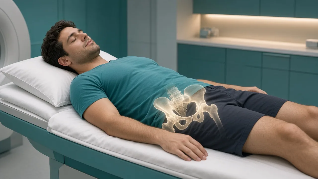 Male patient lying on a treatment couch with a faint pelvic-bone overlay for external-beam radiation