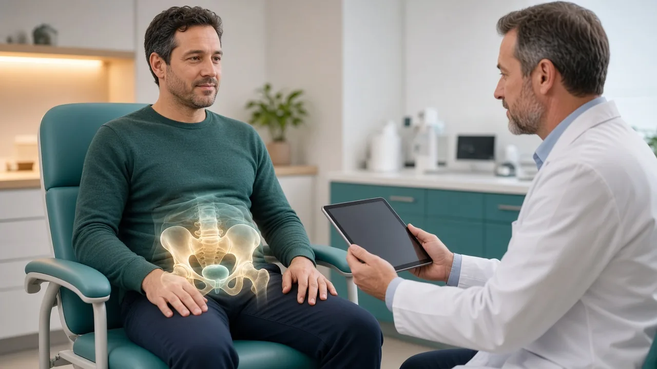 Male patient in clinic with a pelvic overlay while a clinician reviews urinary and bowel recovery after radiation