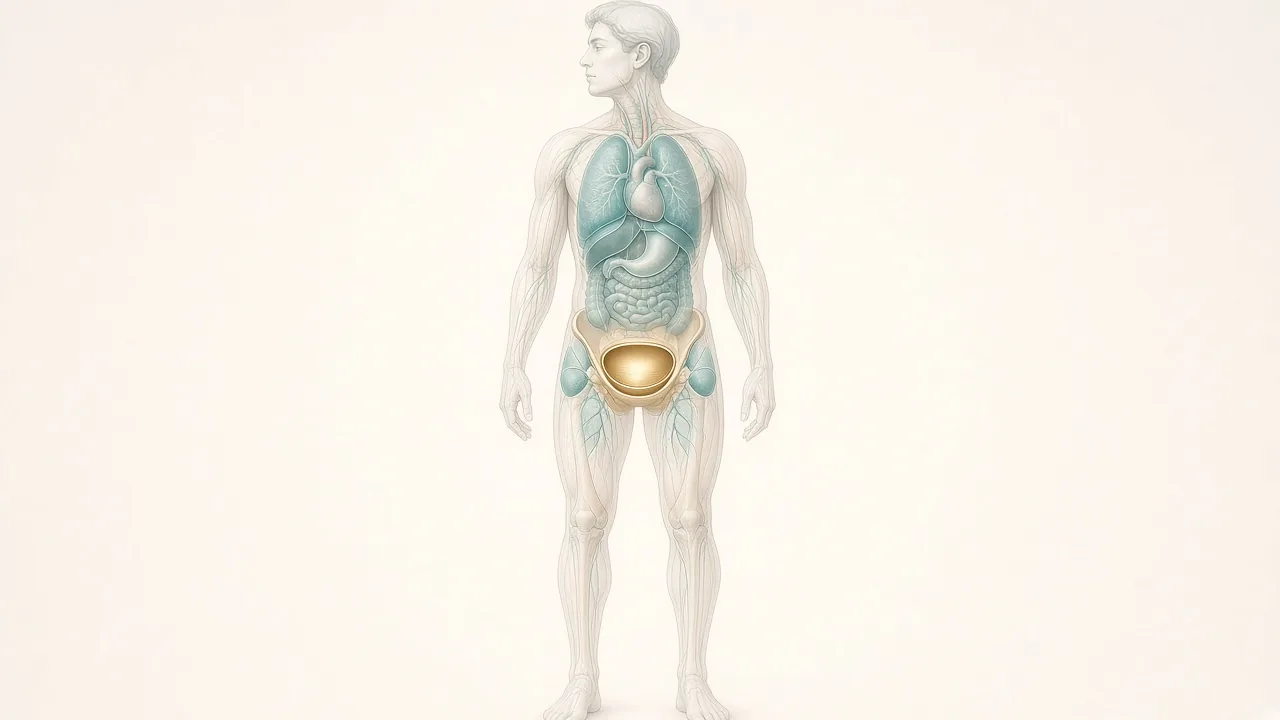 Transparent male body with a gold highlight on the empty pelvic bed after prostatectomy and teal pelvic nodes