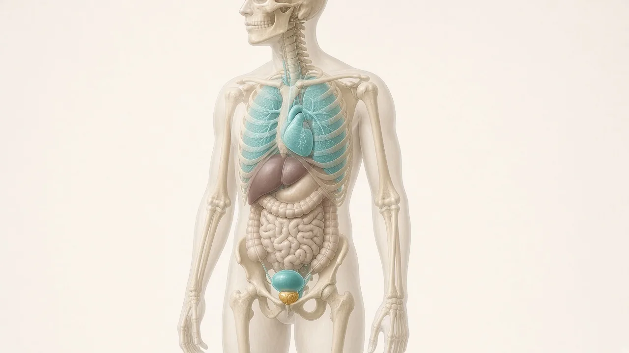 Transparent male body with teal lungs and bladder and a gold prostate confined in the pelvis