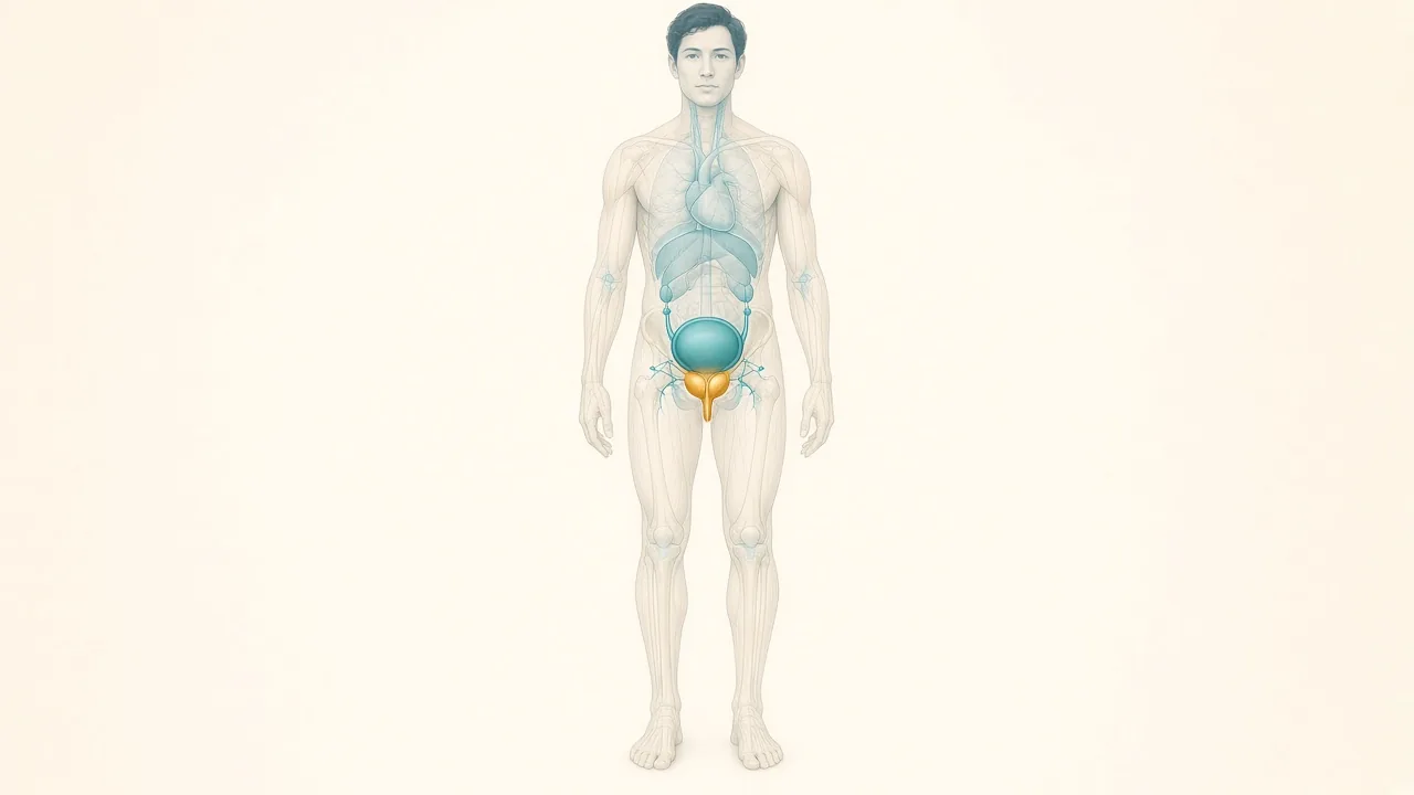 Transparent male body with a teal bladder above a gold-highlighted prostate in the pelvis