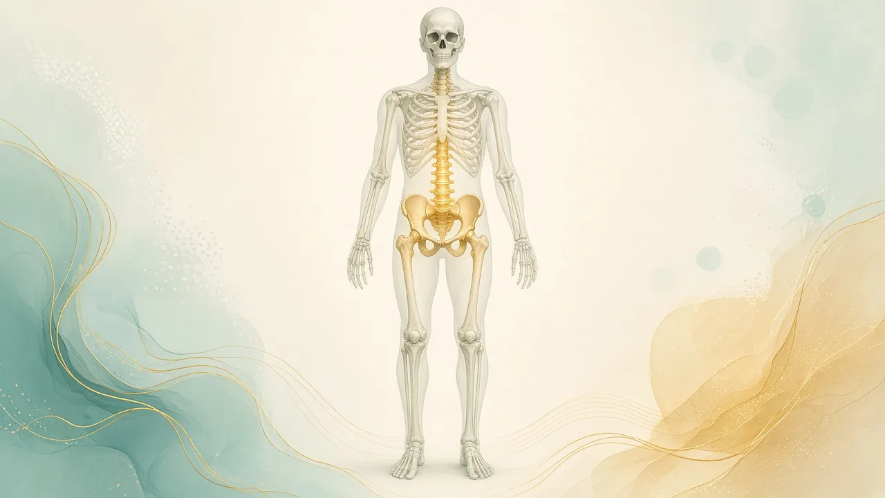 Semi-transparent male skeleton with gold highlights on the spine, pelvis and hips