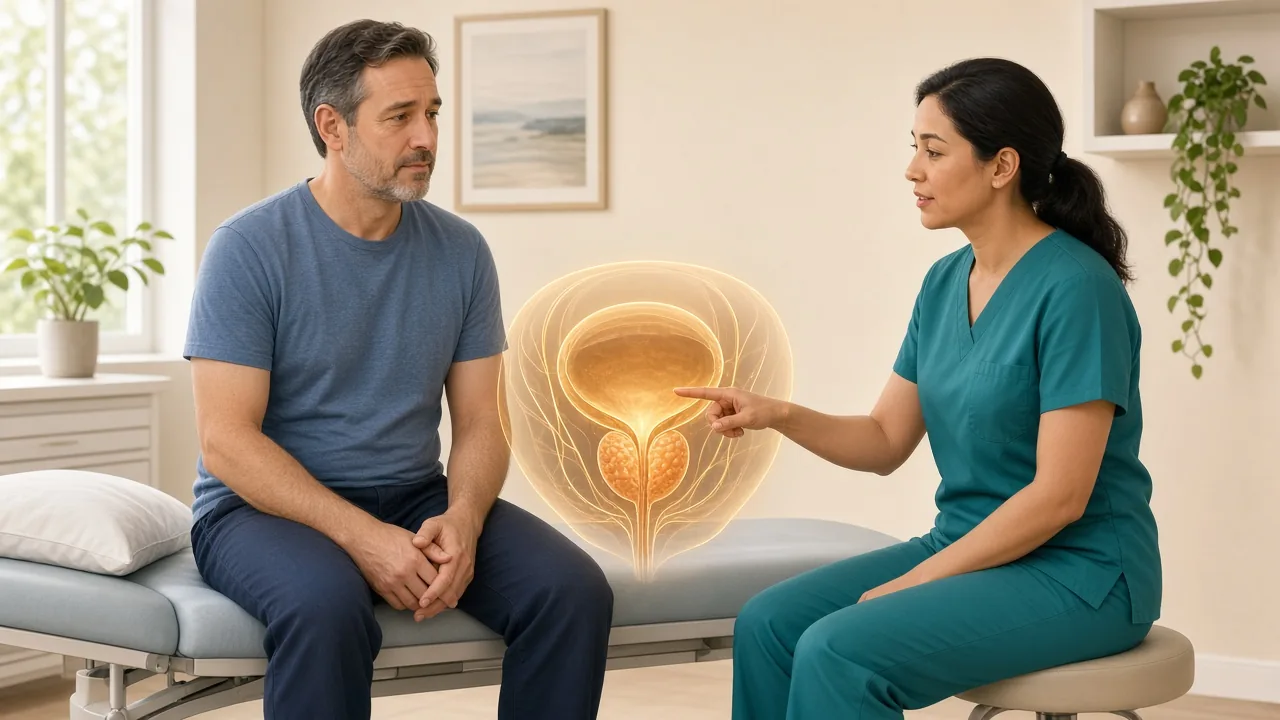 Male patient on a clinic couch while a clinician indicates a gold overlay of bladder and prostate