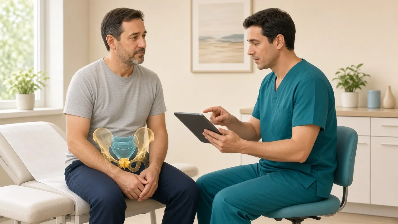 Male patient in clinic with a gold pelvic overlay showing bladder and prostate while a clinician reviews symptoms