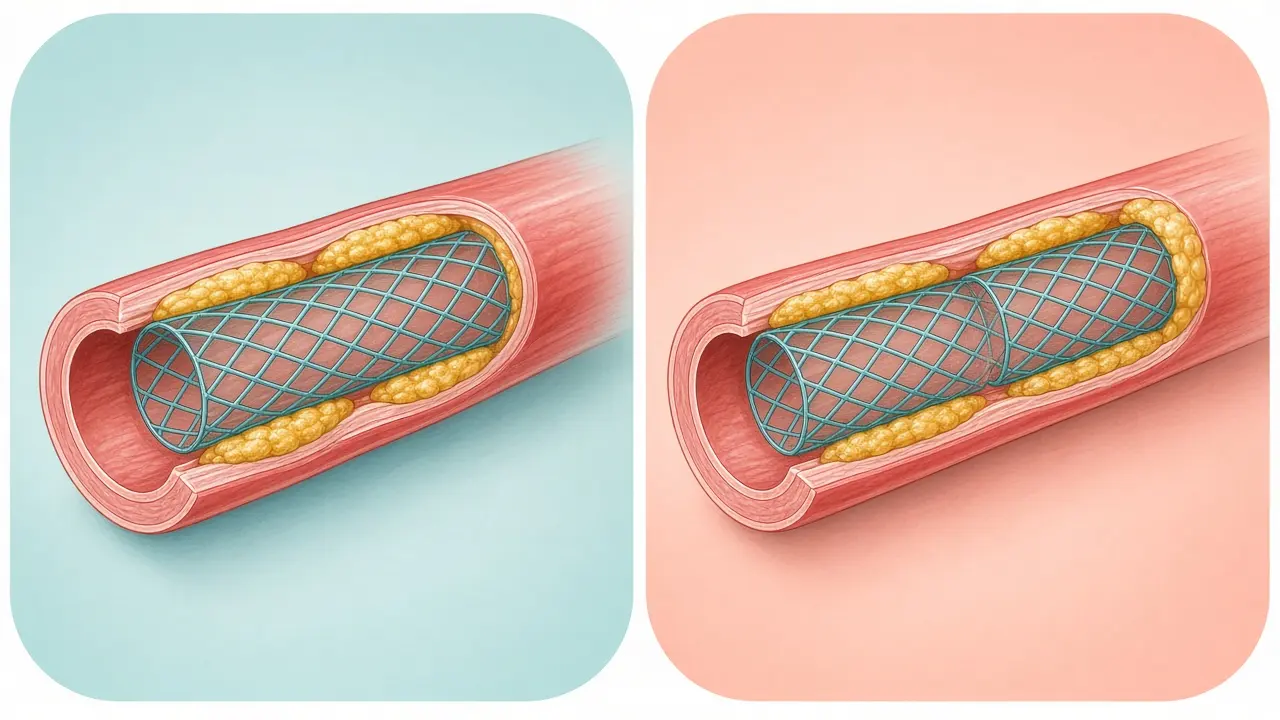 One mesh stent in a narrowed artery beside two mesh stents placed end to end