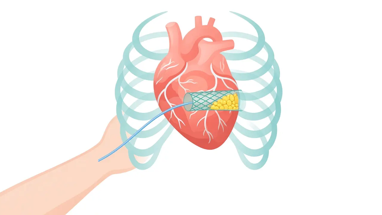 A thin catheter from the wrist to a mesh stent on the heart, with yellow plaque inside the mesh