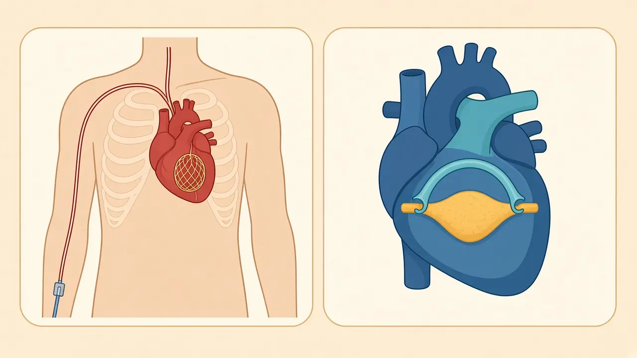 A catheter from the arm to a mesh stent on the heart, beside a heart with a graft tube arching over a blockage