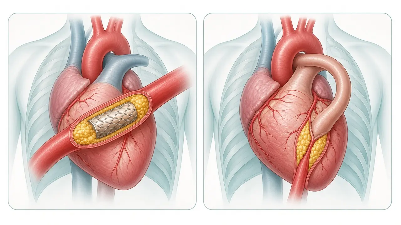 A mesh stent in an artery on the heart beside a graft tube from the aorta past yellow plaque