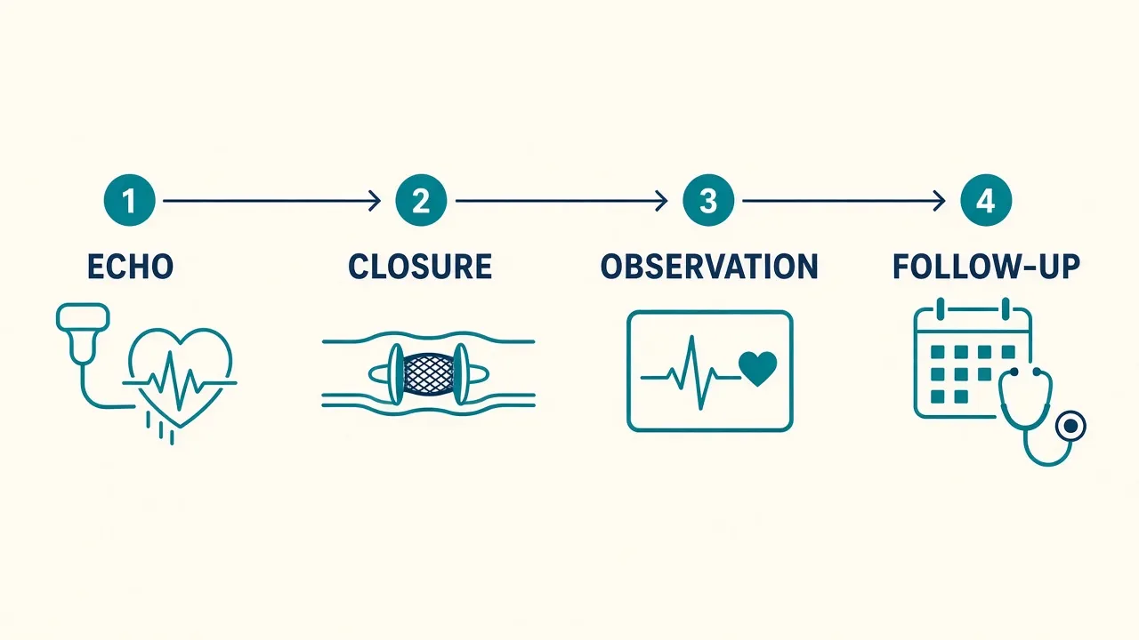Four-step diagram labeled Echo, Closure, Observation and Follow-up, with a probe, a device in a vessel, a heart monitor and a calendar