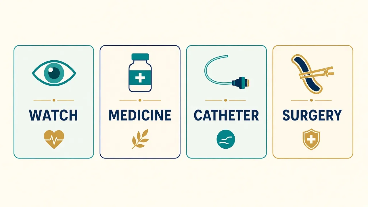 Four cards labeled Watch, Medicine, Catheter and Surgery, showing observation, a medicine bottle, a catheter and a clip on a vessel
