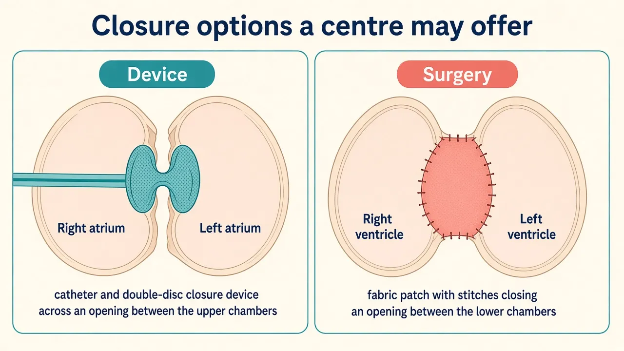 Two panels labeled Device and Surgery: a double-disc device between the upper chambers and a stitched patch between the lower chambers