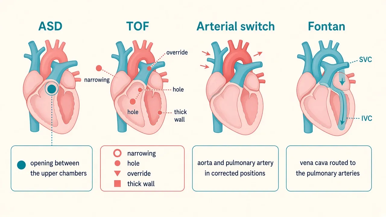 Four heart diagrams labeled ASD, TOF, arterial switch and Fontan