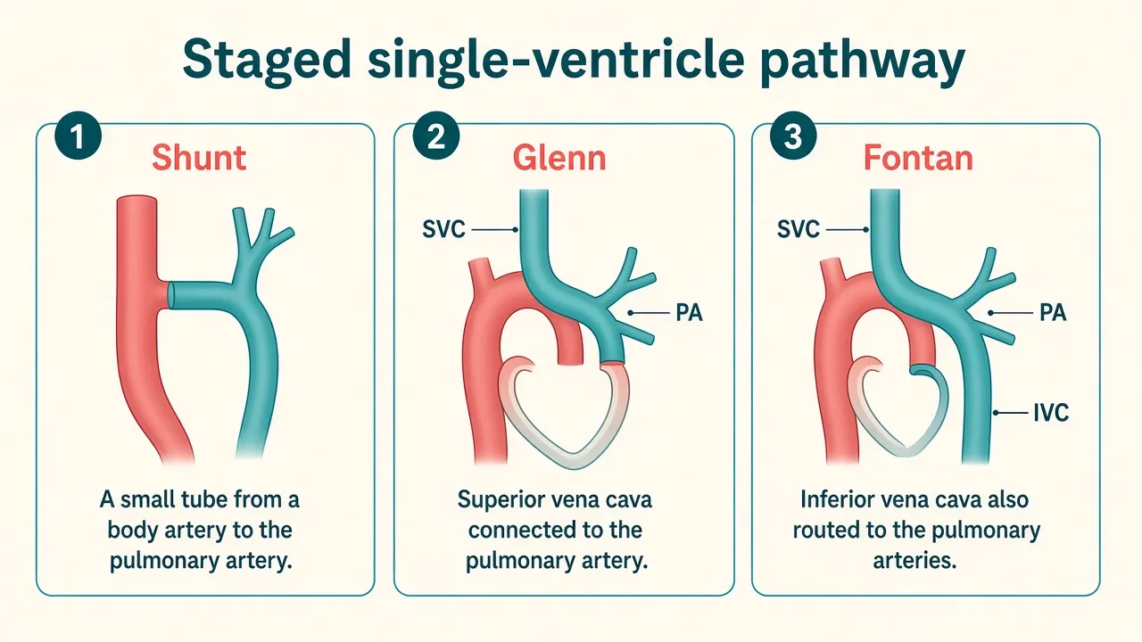 Three diagrams labeled Shunt, Glenn and Fontan in a staged single-ventricle pathway
