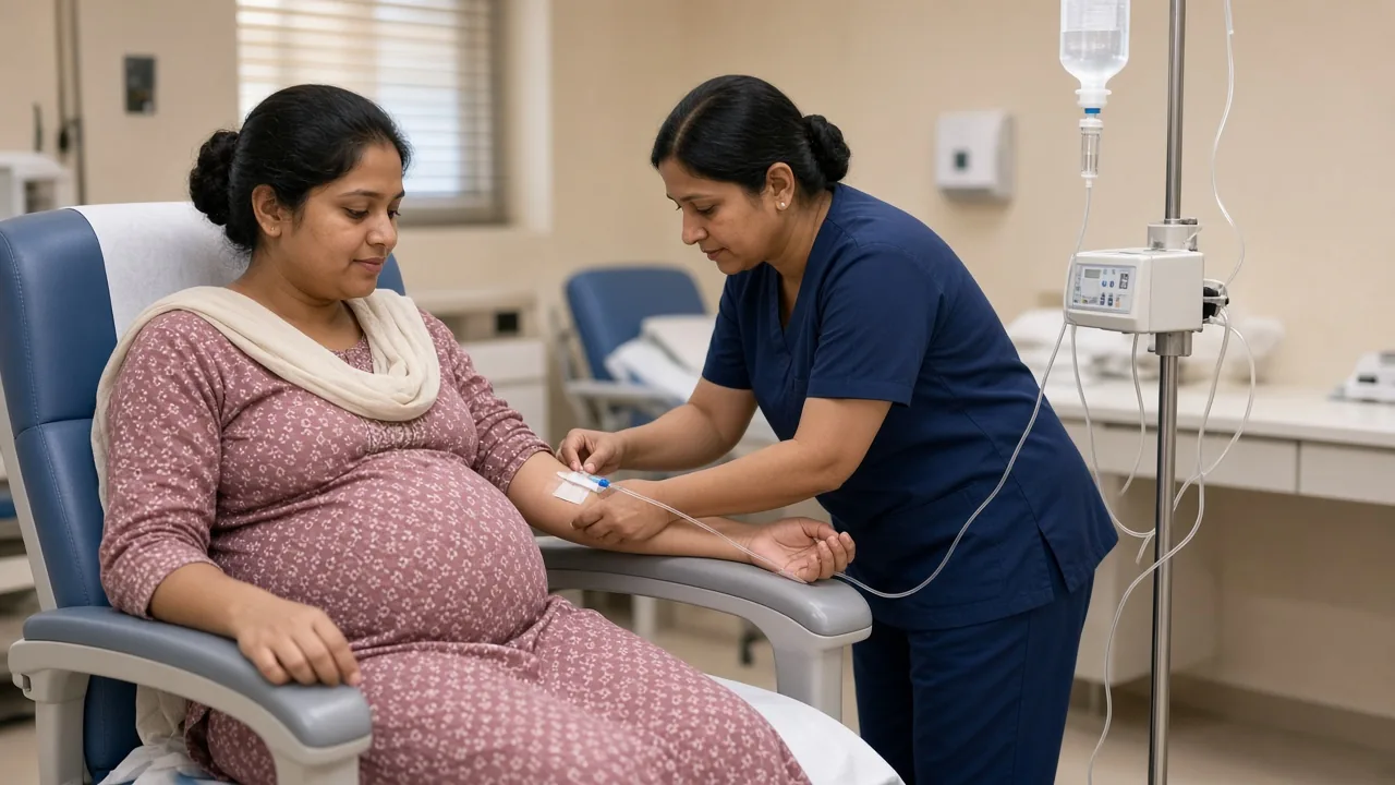 Chemotherapy infusion planned after the first trimester for a pregnant woman with breast cancer