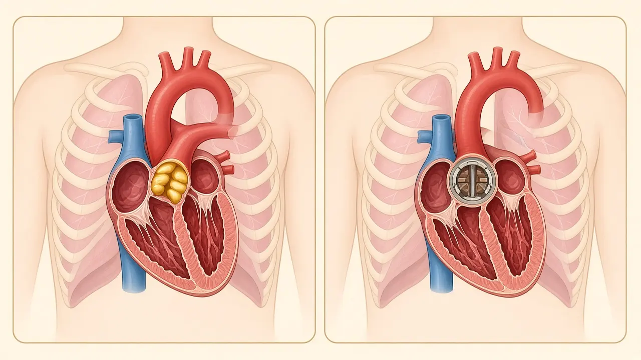 Thickened tissue where the aorta leaves the heart, beside a mechanical valve in the same place