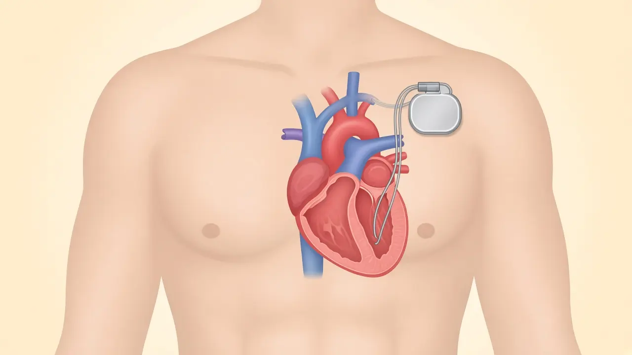 A pacemaker box under the left collarbone with leads drawn into the heart