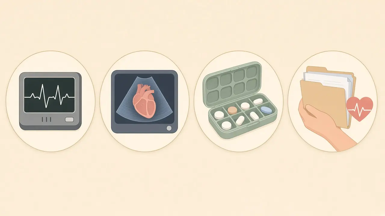 An ECG trace, a heart on a screen, a pill box, and a folder of reports