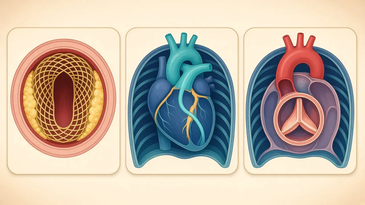 A stent inside an artery, a graft on a heart, and aortic valve leaflets seen from above