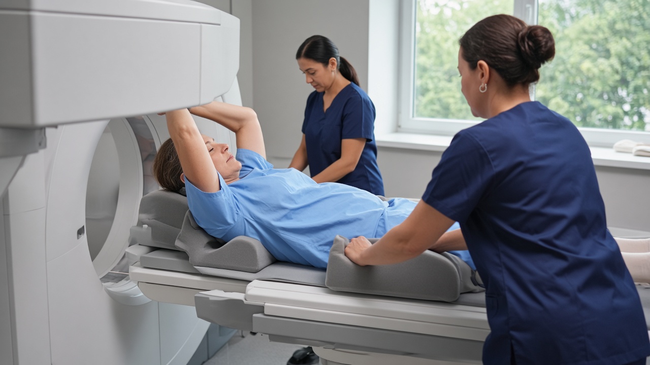Radiation therapy for breast cancer showing treatment planning and targeted radiation delivery