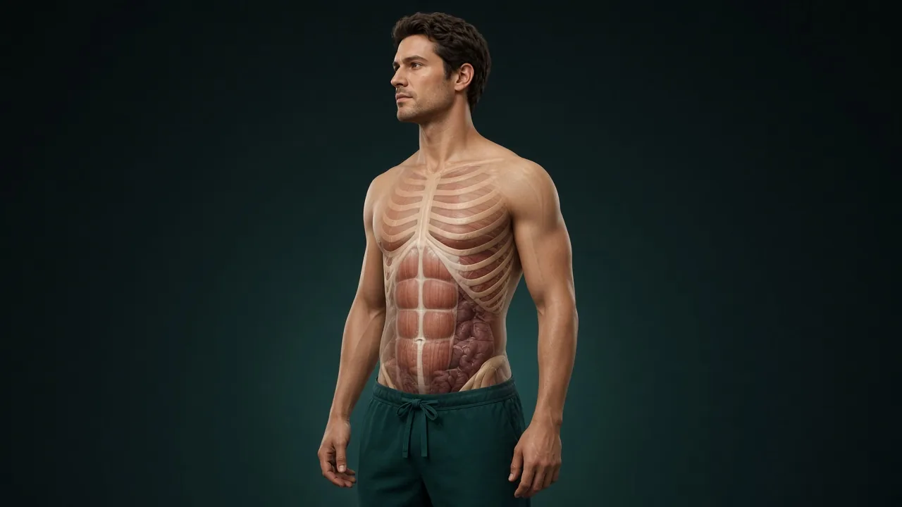 Transparent male body highlighting the lower abdomen and pelvis for robotic prostatectomy planning