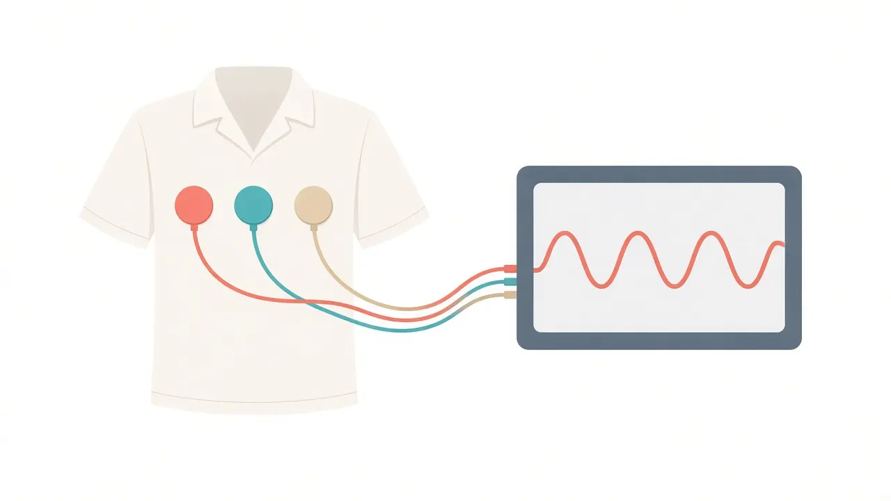 Three discs on a shirt connected by wires to a screen showing a simple repeating wave