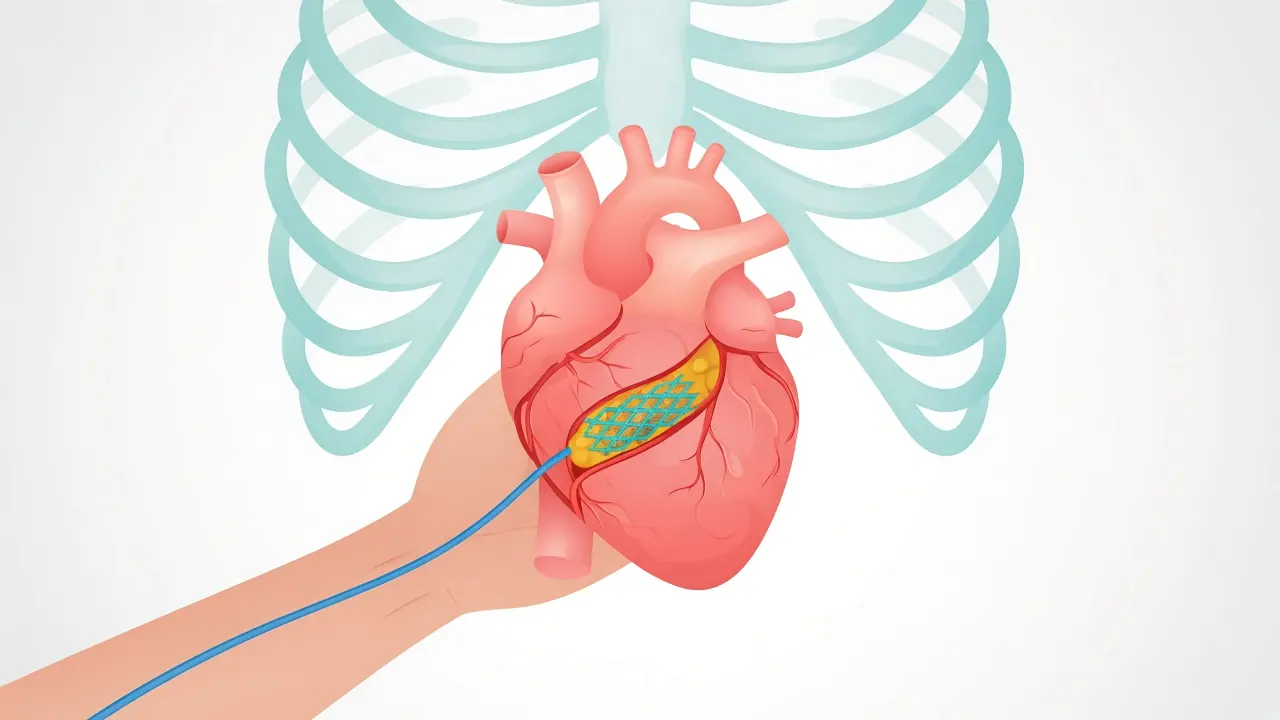 A thin catheter from the wrist to a mesh on the front of the heart, with yellow plaque inside the mesh