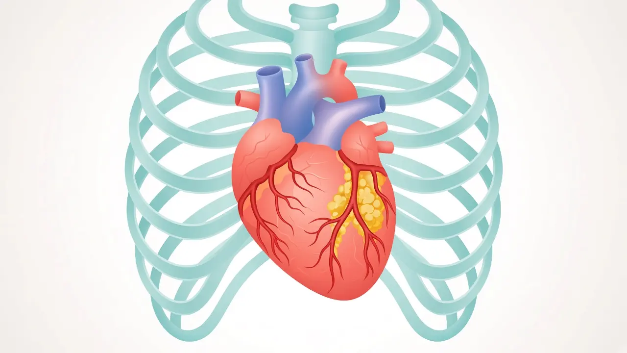 Yellow plaque among the coronary branches on a heart inside the rib cage