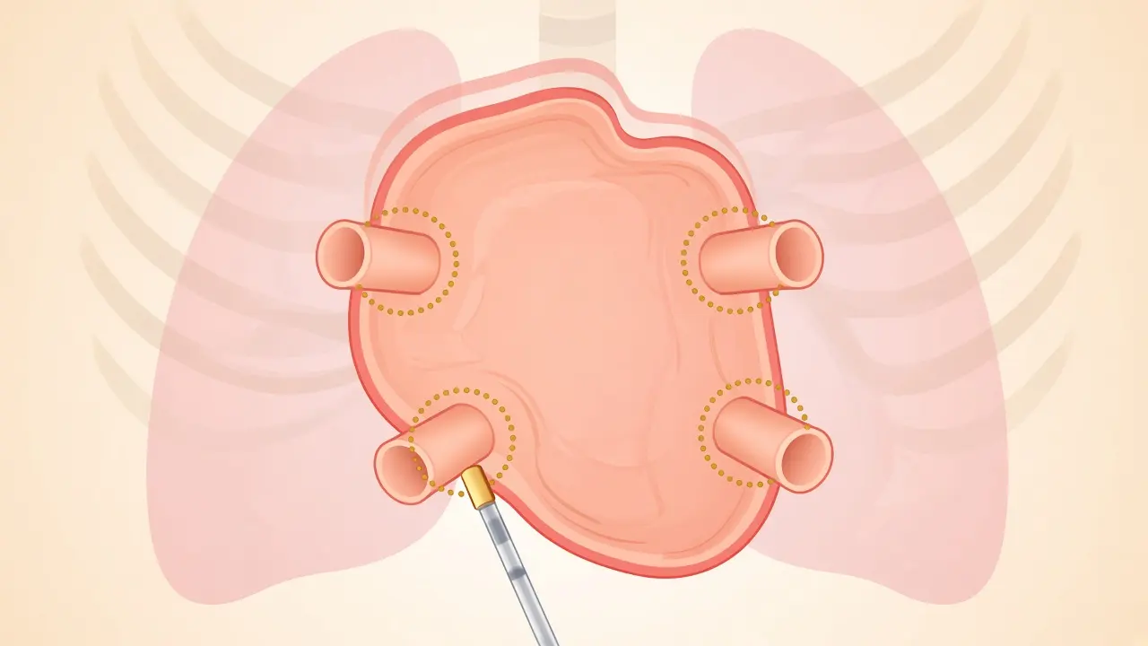 Four veins entering a heart chamber, each opening ringed with ablation points, and a catheter
