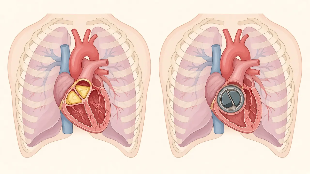 Thickened aortic valve tissue in the chest beside a mechanical valve in the same place
