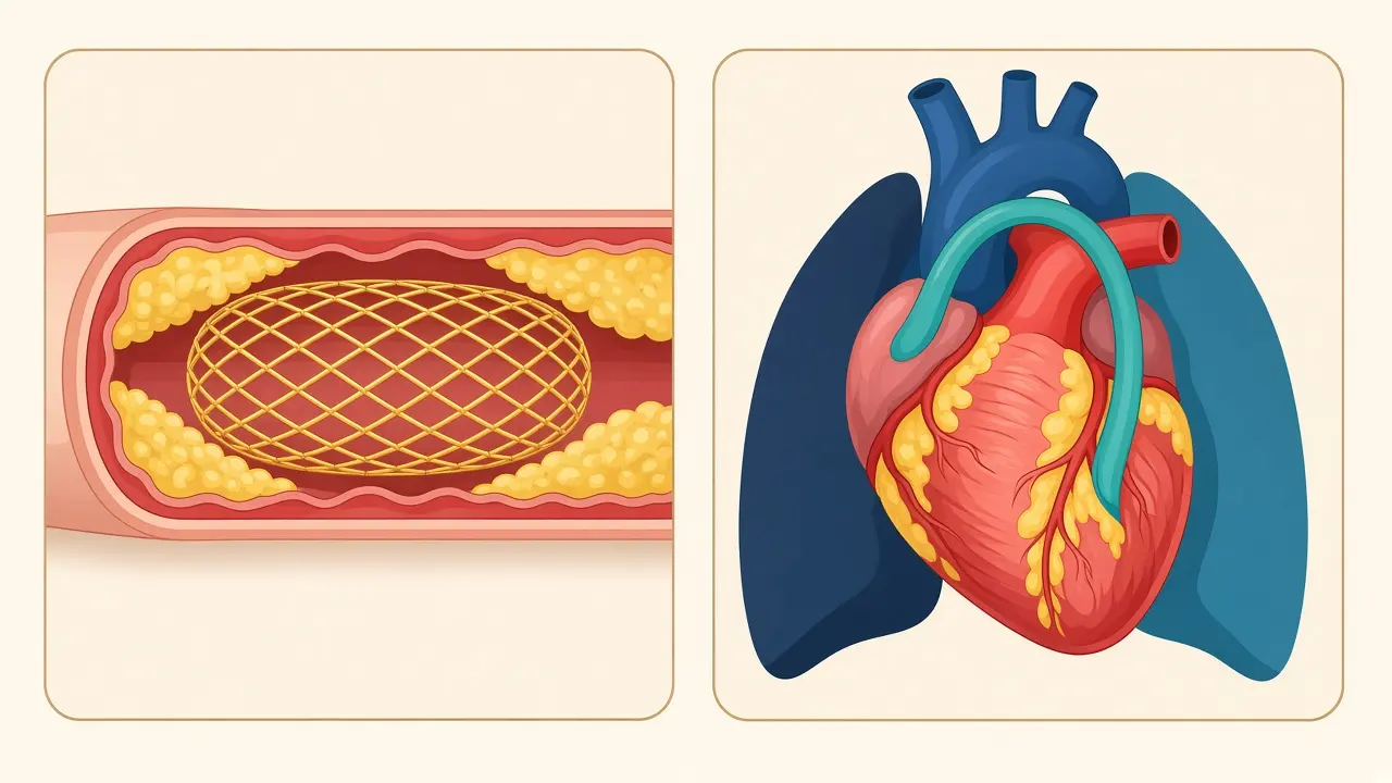 A stent inside an artery beside a heart with a graft tube from the aorta