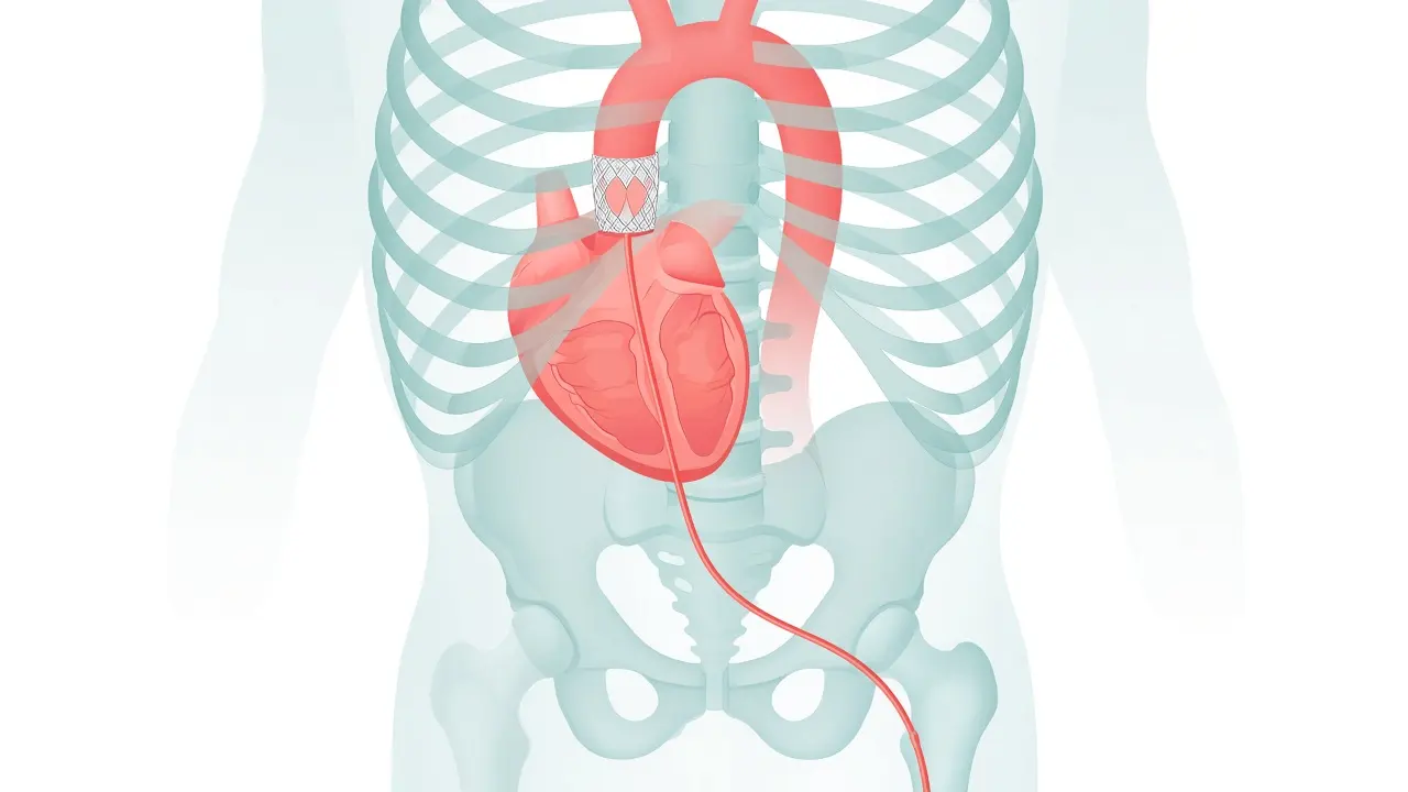 A catheter from the groin to a mesh valve in the aorta above the heart