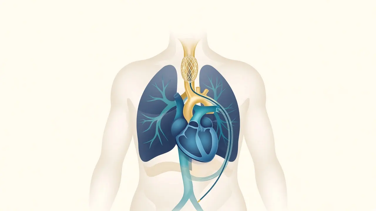 A mesh valve expanding inside the aorta at the top of the heart, still attached to a catheter from below