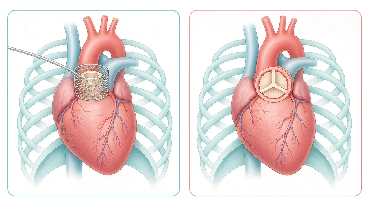 A mesh valve on a catheter beside a three-leaflet valve at the upper heart