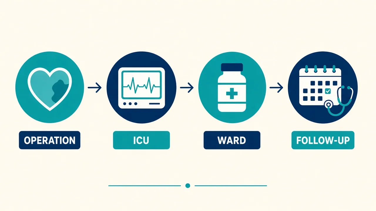 Four steps labeled Operation, ICU, Ward and Follow-up, with a patched heart, a monitor, medicine and a calendar
